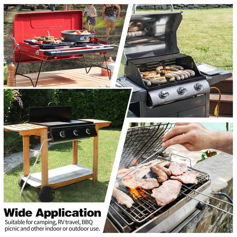 Four outdoor grill setups showing wide applications for grills, suitable for camping, RV travel, and backyard BBQ use.