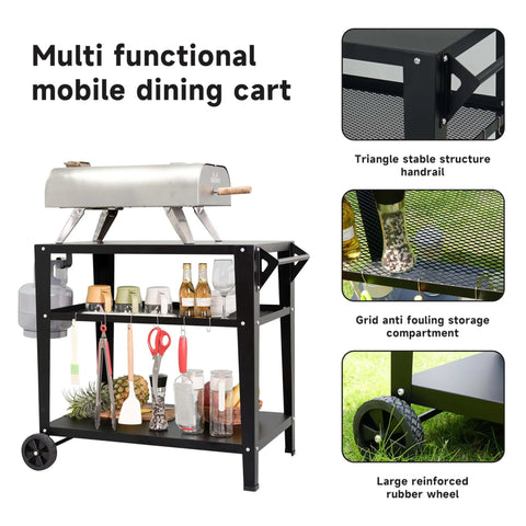 Heavy Duty Outdoor Grill Cart With Wheels And 3 Tier Prep Table For Pizza Oven And Griddle On The Patio With Tool Hooks