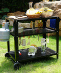 Heavy Duty Outdoor Grill Cart With Wheels And 3 Tier Prep Table For Pizza Oven And Griddle On The Patio With Tool Hooks 42 Inch Main Workspace Heat Resistant Up To 500 Degrees Rustproof Carbon Iron Construction Leetolla