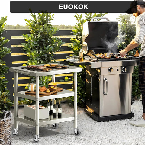 Outdoor grilling setup with stainless steel cart on 3 inch expanding stem caster wheels set of four with side brake