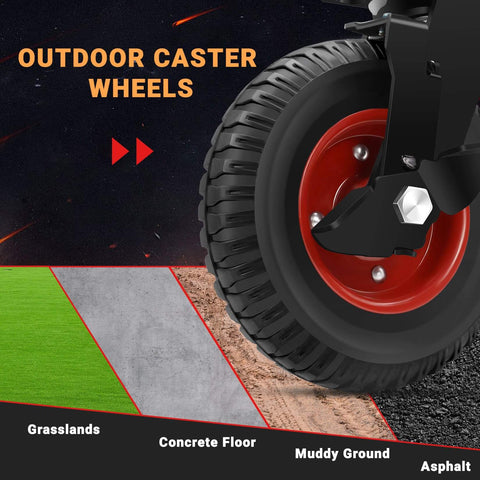 8 inch Heavy Duty Rubber Caster wheels set of 4 on outdoor surfaces: grass, concrete, muddy ground, and asphalt.
