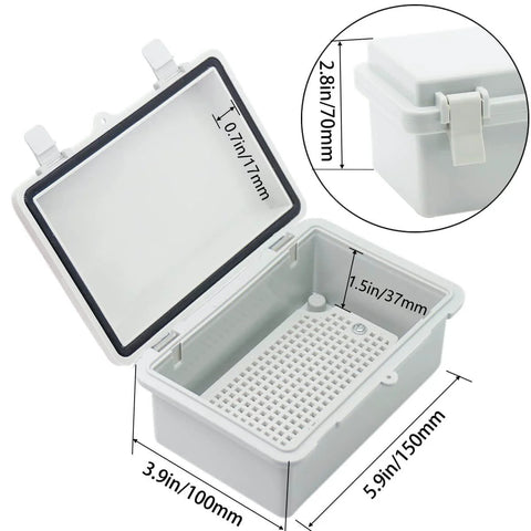 Built Tough Outdoor IP67 ABS Junction Box With Hinged Cover Weatherproof Electrical Enclosure open with internal view and dimensions 5.9 by 3.9 by 2.8 inches