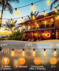 Brighten patios and yards with 100 ft weatherproof LED string lights, 37 ST38 bulbs, a warm 2700K glow, remote dimming, connectable