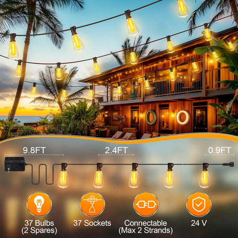 Brighten patios and yards with 100 ft weatherproof LED string lights, 37 ST38 bulbs, a warm 2700K glow, remote dimming, connectable