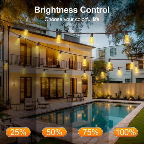 Brighten patios and yards with 100 ft weatherproof LED string lights, 37 ST38 bulbs, a warm 2700K glow, remote dimming, poolside view