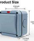 Weatherproof Outdoor Light Switch 15A IP66 One Gang SPDT 110-250V with Cable Glands and Connectors, front view with size dimensions.