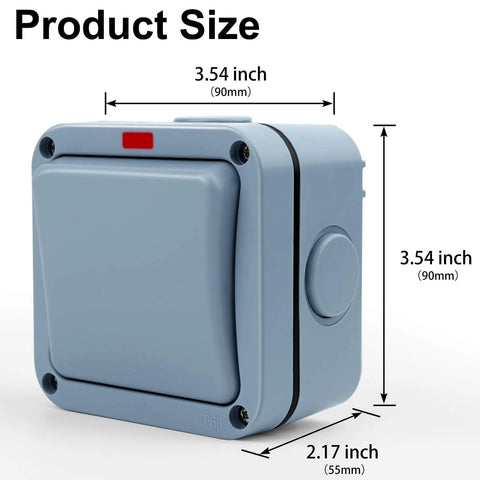 Weatherproof Outdoor Light Switch 15A IP66 One Gang SPDT 110-250V with Cable Glands and Connectors, front view with size dimensions.