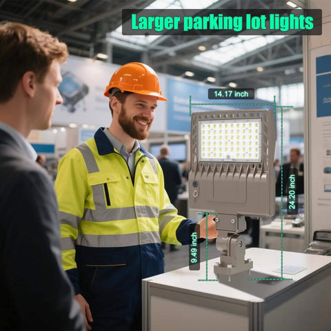 Powerful 200W Outdoor LED Parking Lot Light With 30000LM Output, shown mounted on display stand at trade show