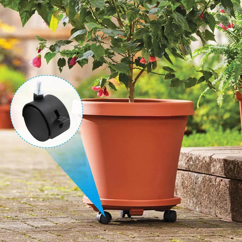 Plant pot on patio with 4pcs 2 Inch Swivel Caster Wheels with M6 Threaded Stem and Brake Heavy Duty Black Nylon Replacement Casters