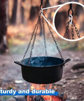 Outdoor cooking pot hanging over fire with chains secured by 20 Pcs 304 Stainless Steel Spring Clasp Carabiners M4 Heavy Duty Hooks