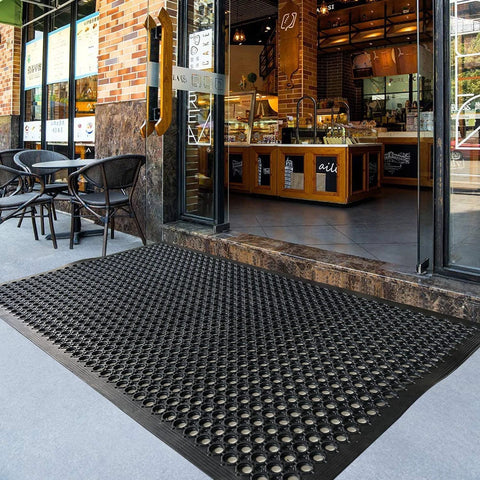 Outdoor Rubber Floor Mat With Drainage Holes Anti Slip Heavy Duty Entrance Mat outside a restaurant entrance