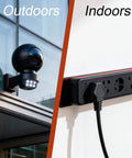 Comparison of outdoor security camera and indoor power strip installation.