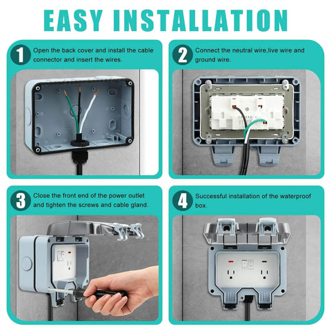 Step-by-step installation of Outdoor Electrical Outlet With Switch And LED Indicator 15A 110-250V IP66 Waterproof Weatherproof Power Socket Box.