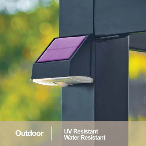 Outdoor solar light with UV and water resistance mounted on a post in a sunny environment