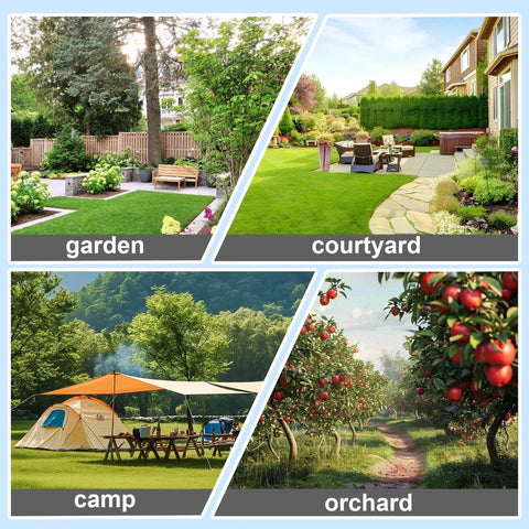 Collage of outdoor settings: garden, courtyard, camp, orchard, showcasing diverse natural environments.
