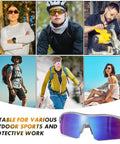 6-person collage showcasing 12 Pack ANSI Z87.1 Safety Glasses With UV Protection Blue Mirror Gray Frame in various outdoor settings
