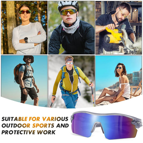 6-person collage showcasing 12 Pack ANSI Z87.1 Safety Glasses With UV Protection Blue Mirror Gray Frame in various outdoor settings