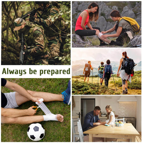 Collage of outdoor and indoor scenes depicting first aid and survival, emphasizing 'Always be prepared' theme.