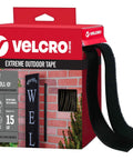 Extreme Outdoor Double Sided Mounting Tape Built To Handle Up To 15 Pounds On Brick Or Rough Surfaces UV And Weather Resistant 14 Ft Roll Tough As Nails Industrial Strength Adhesive For Outdoor Projects in packaging with black tape visible.