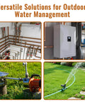 Collage showing outdoor water management systems including irrigation and plumbing solutions