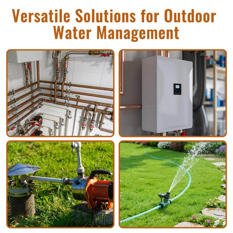 Collage showing outdoor water management systems including irrigation and plumbing solutions