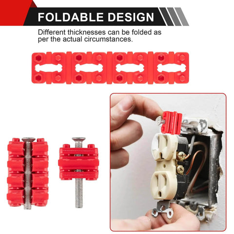 Outlet Box Spacers Kit 48 Pack for Loose Outlets and Switches demonstration showing red spacers used to stabilize an electrical outlet.