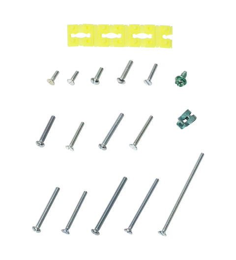 Variety of screws, spacers, and grounding clips from the All In One Outlet Box Wiring Kit For Pros And DIYers With Grounding Screws And Clips And An Assortment Of 6 32 And 8 32 Machine Screws With Spacers For 6 8 And 10 Screws Gardner Bender BSK 100.