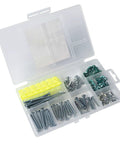 All In One Outlet Box Wiring Kit For Pros And DIYers With Grounding Screws And Clips And An Assortment Of 6 32 And 8 32 Machine Screws With Spacers For 6 8 And 10 Screws Gardner Bender BSK 100, organized in compartments