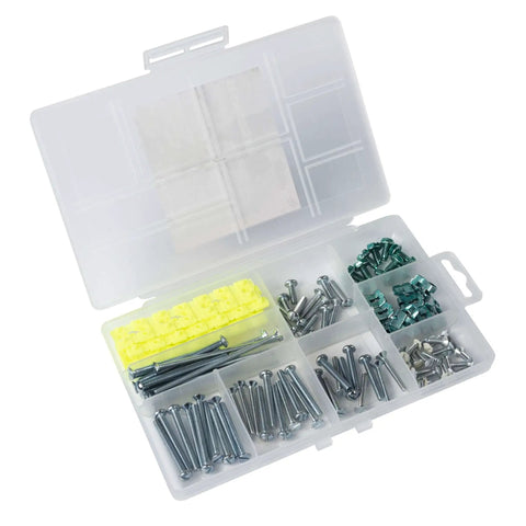 All In One Outlet Box Wiring Kit For Pros And DIYers With Grounding Screws And Clips And An Assortment Of 6 32 And 8 32 Machine Screws With Spacers For 6 8 And 10 Screws Gardner Bender BSK 100, organized in compartments