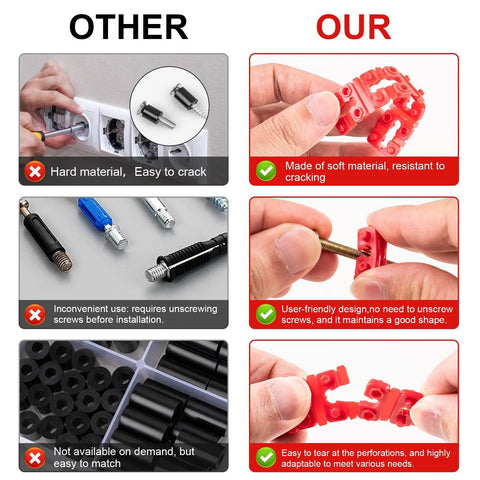 Comparison of Outlet Box Spacers Kit 48 Pack for Loose Outlets and Switches, showing durability and design features