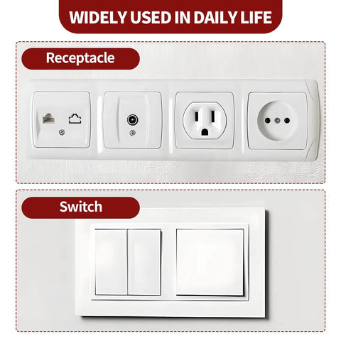 Image showing various electrical receptacles and switches labeled for use with 48Pcs Outlet Spacers For Electrical Boxes.