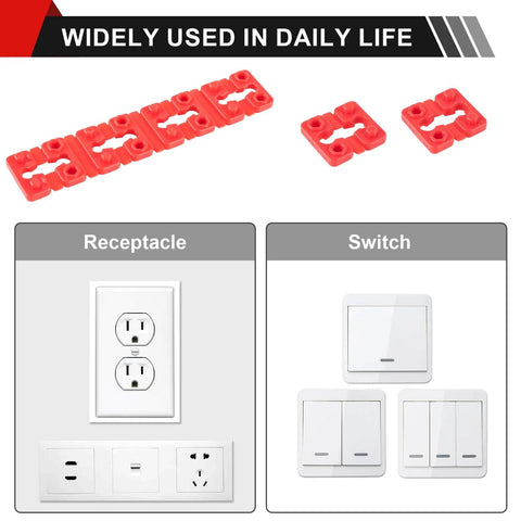 Outlet Box Spacers Kit 48 Pack for Loose Outlets and Switches, Wall Plate Stabilizers, Tile Backsplash Extenders shown with outlets