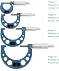 Four-piece Outside Micrometer Set 0 To 4 Inch 0.0001in Graduation Carbide Anvils Case displayed vertically with range labels.