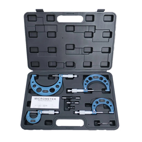 Outside Micrometer Set 0 To 4 Inch 4 Piece 0.0001in Graduation Carbide Anvils Case open with tools visible.