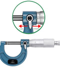 Close-up of Outside Micrometer Set 0 To 4 Inch 4 Piece 0.0001in Graduation Carbide Anvils Case showing lock mechanism and measurements.