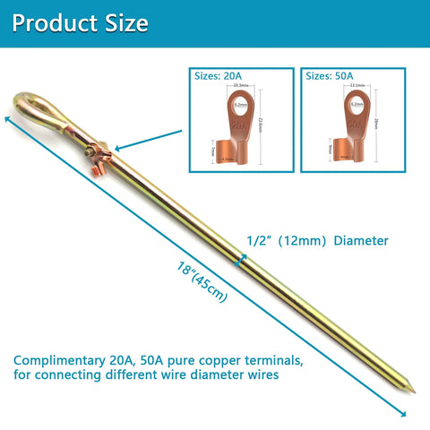Portable Ground Rod With Ground Wire Lug Half Inch Diameter And 18 Inch Length Oval Eye Design Displayed on Size Chart