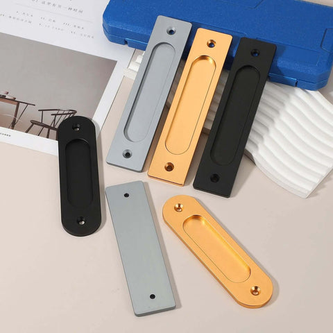 Assorted colors of 6-inch Oval Recessed Sliding Door Finger Flush Pulls with screws displayed on a surface.