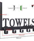 Over the Door Towel Rack Black Metal Holder for Bathroom and Bedroom with TOWELS text, dimensions, and hooks view