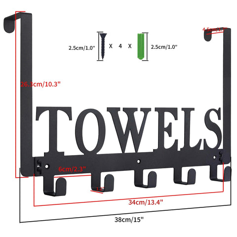 Over the Door Towel Rack Black Metal Holder for Bathroom and Bedroom with TOWELS text, dimensions, and hooks view
