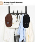 Over the Door Towel Rack with 15 Triple Hooks Black Metal holding hats, bags, and shirts, showcasing load capacity.