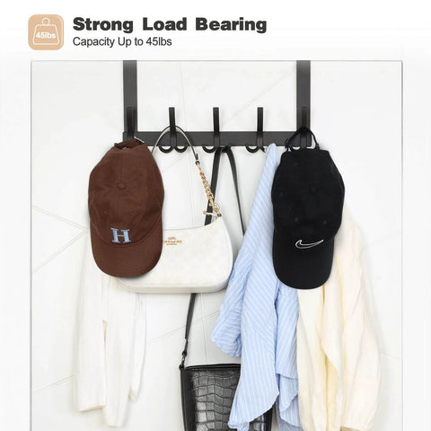 Over the Door Towel Rack with 15 Triple Hooks Black Metal holding hats, bags, and shirts, showcasing load capacity.