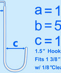 Illustration of a door hook with dimensions a=1.5", b=5.5", c=1.7" showing fit for 1 3/8" doors with 1/8" clearance.
