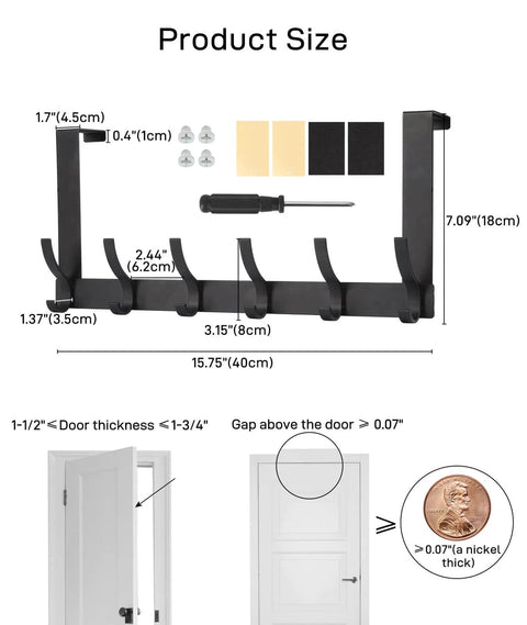 Over-the-door hook rack with product dimensions and installation guide, shown with included hardware and a penny for scale reference.