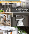 Collage of over the door hooks used for towels and tools in various settings