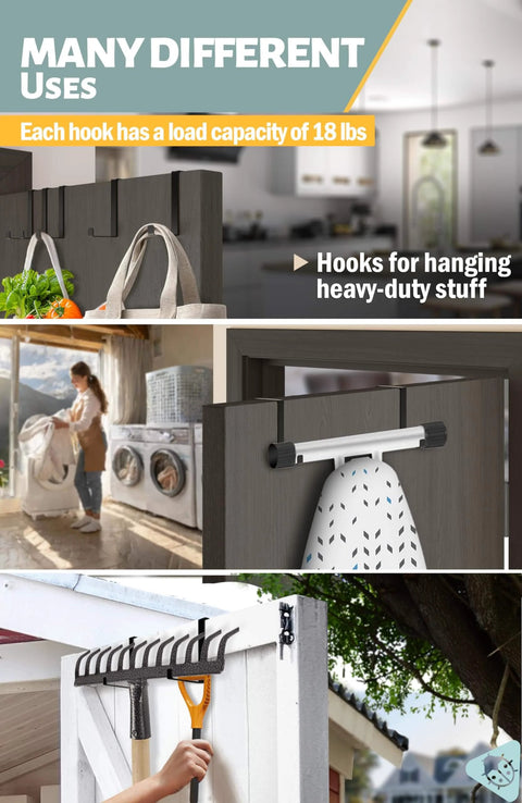 Collage of over the door hooks used for towels and tools in various settings