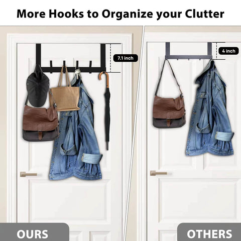 Comparison of over-the-door hook organizers showing more hooks on the left with bags and clothes, fewer on the right.
