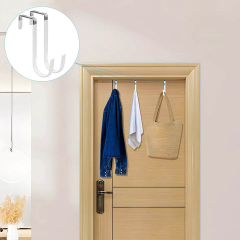 Over-door hooks with hanging clothes and bag showcasing storage solution.