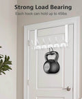 Overdoor hooks holding a 45 lb weight with "Strong Load Bearing" text above showing load capacity.