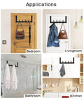 Over-the-door hooks used in bedroom, living room, bathroom, and kitchen for hanging bags, coats, towels, and utensils.
