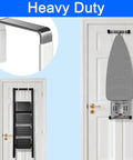 Door with heavy duty over-the-door ironing board holder and shelf, showing installation and close-up of metal frame design for space saving.